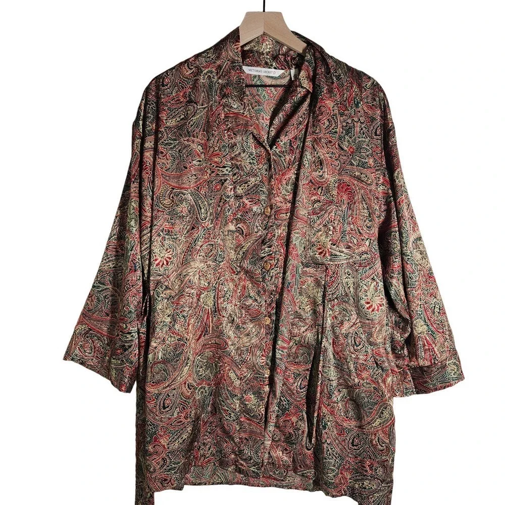 Vintage 90s Victoria's Secret 2pc Sleepshirt Kimono Robe XS OS Paisley Satin Set